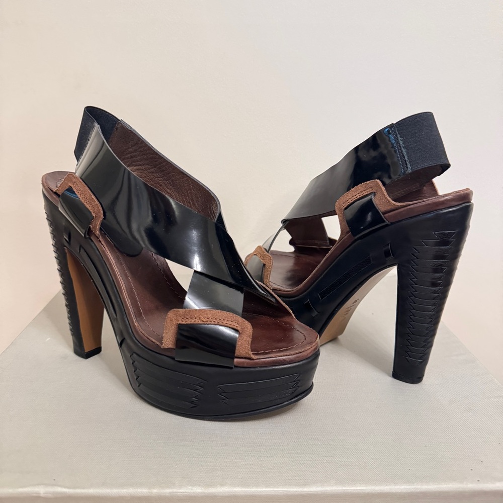 Marni Black Brown Woven Leather Suede Platform High Heels Strap Sandals EU 38 8